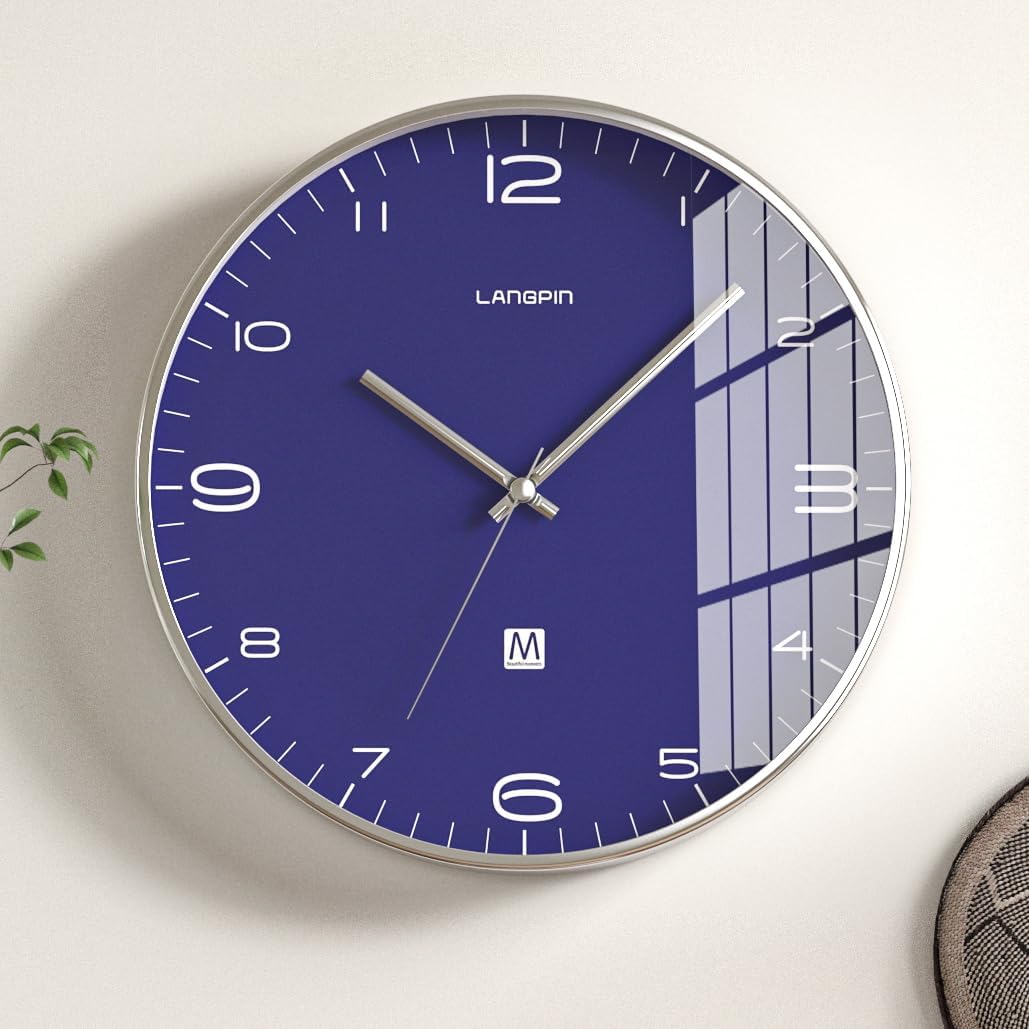 12 Inch Modern Minimalist Wall Clock Metal Frame Mute No Tick Office Living Room Bedroom Dining Room Wall Clock Decorative (White) (806-3Blue Chrome Frame, 12 inches)