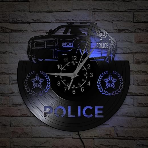 12 Inch Police Car Wall Clock 7 Color Changing, Police Officer Vinyl Wall Clock Police Badge LED Night Light Wall Watch Clock for Police Department Police Station Policeman Retirement Gift