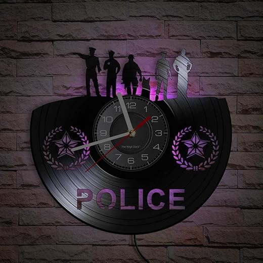 12 Inch Policeman Cop LED Wall Clock with 7 Luminous Modes, Silent Quartz Non Ticking Modern Vinyl Record Wall Clock for Police Station Office Decor Police Father Husband Retirement Gift