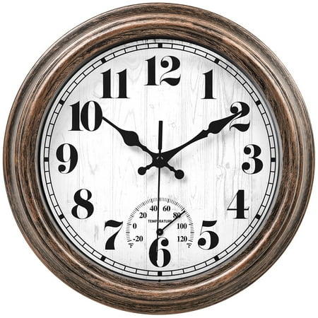 12 Inch Retro Silent Wall Clock,Indoor and Outdoor,Waterproof,Thermometer,Bronze