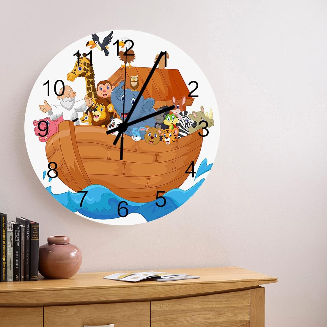 12 Inch Silent Wall Clock Noah's Ark Battery Operated Round Wooden Wall Clock Roman Wall Decor Home Decor