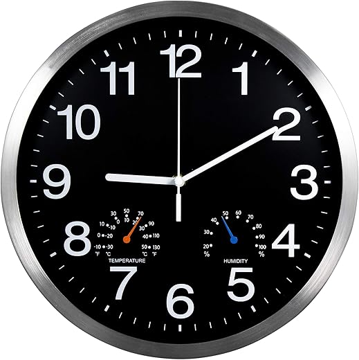 12 Inch Silver Aluminum Frame Wall Clock with Thermometer Hygrometer Battery Operated Silent Movement Decorative for Home