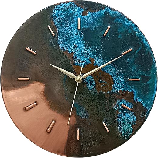 12 Inch Turquoise Blue Green Patina Real Copper Non-Ticking Silent Battery Operated Modern Wall Clock for Living Room Wall Decor, Kitchen, Bedroom, Office (Gold Colored Hands)