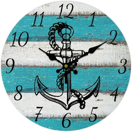 12inch Vintage Nautical Anchor Wall Clock Silent Wooden Wall Clock Round Digital Wall Clock Battery Operated Clock for Home Decor Living Room Kitchen Office