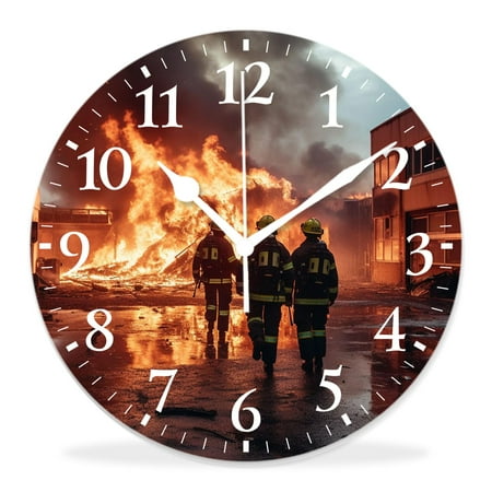 12 Inch Wall Clock Battery Operated Silent Clock Decorative for Office, Kitchen, Outdoor, Living Room，Firefighter Fireman Fighting in Fire Flame Picture