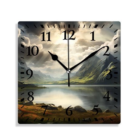 12 Inch Wall Clock Battery Operated Silent Clock Decorative for Office, Kitchen, Outdoor, Living Room，Fantasy Image of Dark Surreal Landscape Sunbeams Over Print