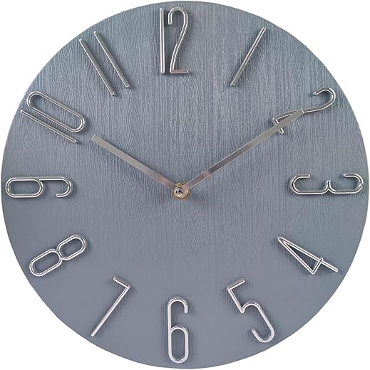 12 Inch Wall Clock Silent Non Ticking, 3D Relief Numbers Modern Style Decor Clock for Living Room Bedroom Kitchen Home Office School (Blue Grey)