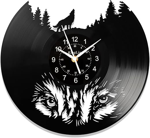 12 Inch Wolf Clock, Wild Wolf Wall Decor, Vinyl Record Wall Clock, Wolf Eyes Home Decor Silent Clock for Living Room, Wolf Decor Gift for Men's, Animal Present Black