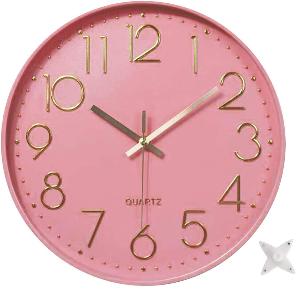 12 in Wall Clock Non-Ticking Quartz Silent Battery Operated Round Clocks Home Kitchen Office School Living Room Decor Clocks (Pink-Rose)