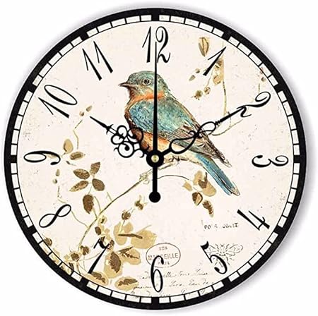 12" Retro Vintage Clock Bird French Country Tuscan Style Non-Ticking Silent Wooden Wall Clock Quartz Battery Operated Decor Retro Design for Kitchen/Living Room/Bedroom/Farmhouse