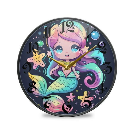 12 Round Silent Wall Clocks Cute Magic Mermaid Girl Acrylic Battery Operated Clock Non-Ticking Clocks Bedroom Living Room Home Decorative