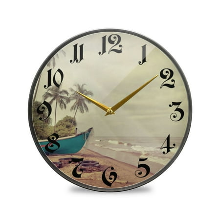 12 Round Silent Wall Clocks Retro Beach Tropical Tree Acrylic Battery Operated Clock Non-Ticking Clocks Bedroom Living Room Home Decorative