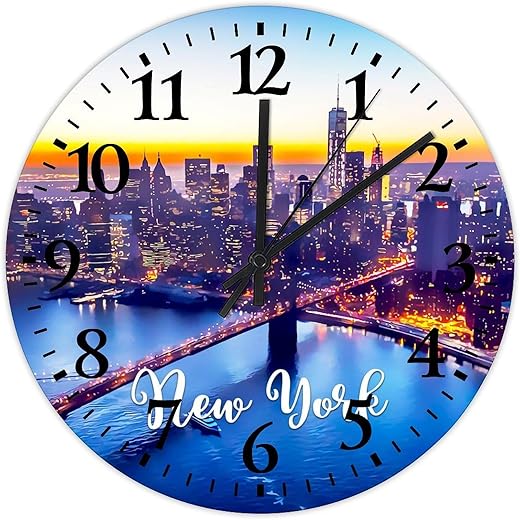 12 Silent Non-Ticking Wall Clocks Skyline New York City Landscape Wooden Wall Decor for Office USA Street Painting State Building Personalized Round Wooden Wall Clock Vintage for Pool Study Room