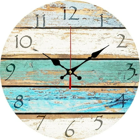 12 Vintage Arabic Numerals ,Shabby Beach, Weathered Beachy Boards Design ,Ocean Colors Old Paint Boards Printed Image, Rustic Mediterranean Style Wooden Decorative Round Wall Clock Sky