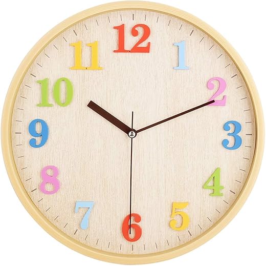 12" Wooden Look Wall Clock Silent Non-Ticking 3D Numbers Colorful Decorative Round Clock for Living Room, Bedroom and Office Battery Not Included - Light Brown