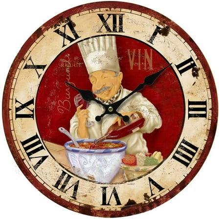 13.5 inch Vintage Wall Clock Italian Cooking Chef Clock Non-Ticking Clock Kitchen Wood Wall Clock Red, White Red, White