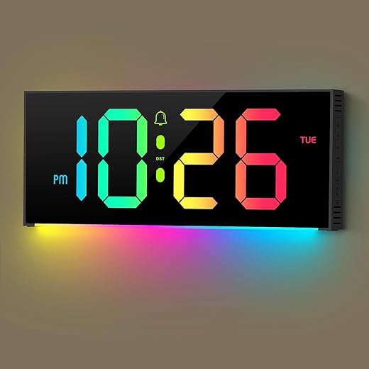 13 Digital Wall Clock Large Display, Alarm Clock with 12 RGB Colors Changing Remote Control, LED Clocks with Night Lights for Living Room Bedroom Office Wall Decor, Black(Not Including Adapter)