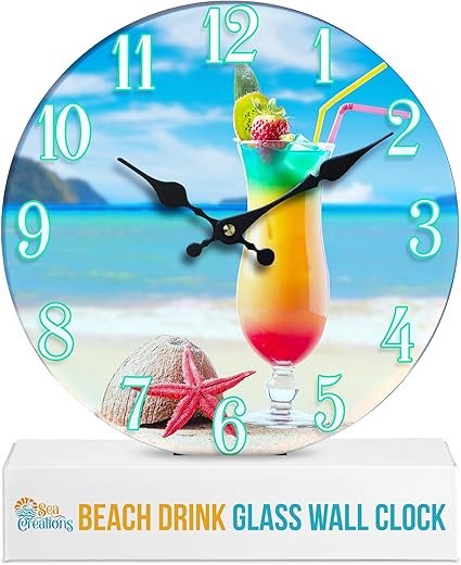 13" Glass Beach Drink Clock - Ocean Drinks and Coconut Design - Coastal Tropical Nautical Ocean Themed Decor - Long Hands - Ideal Gift