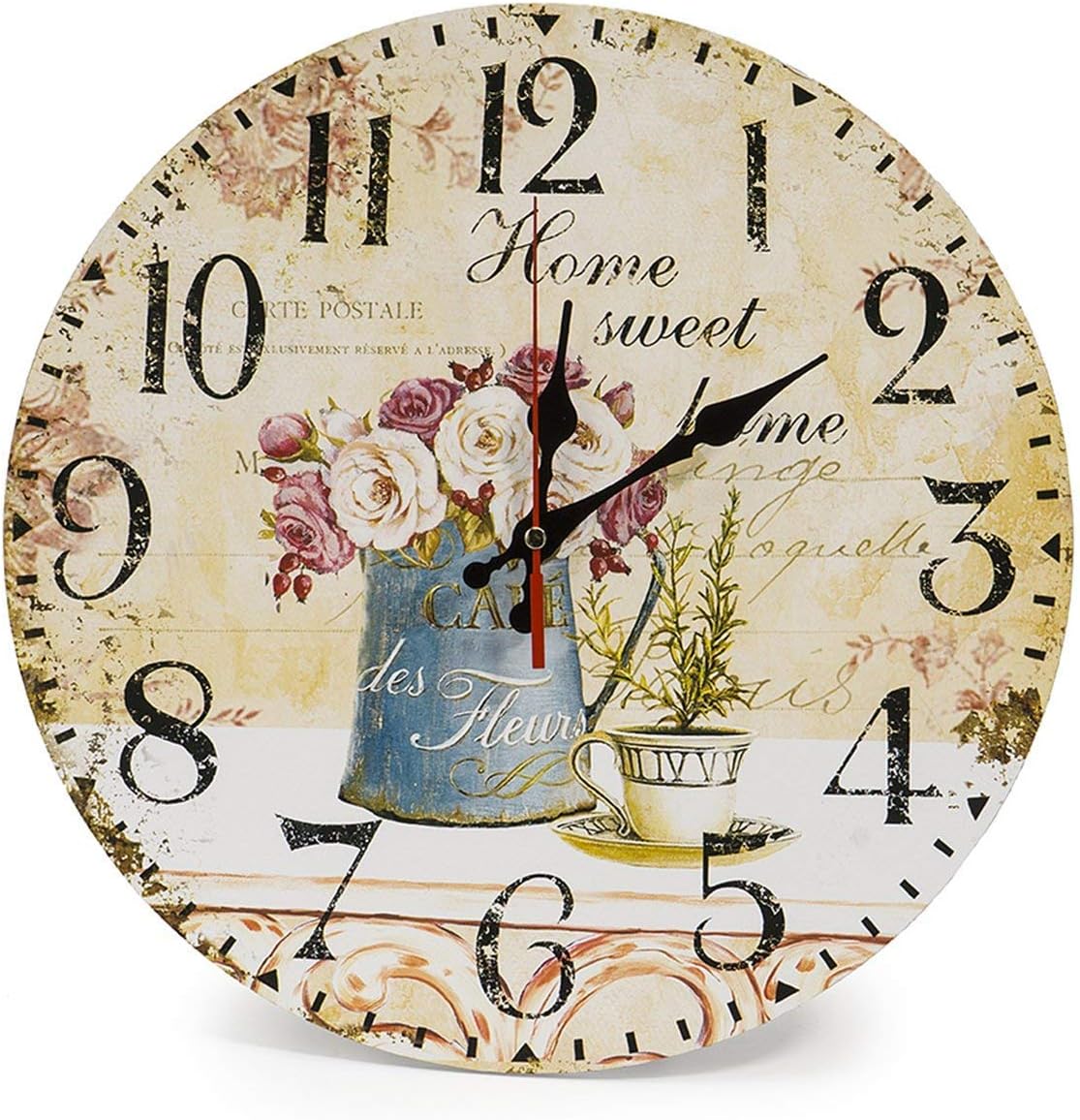 14 inch Silent Vintage Design Wooden Round Wall Clock,French Country Rustic Print Lavender in Pot Romantic Shabby Chic Large Analog Battery Operated Silent for Home Decoration