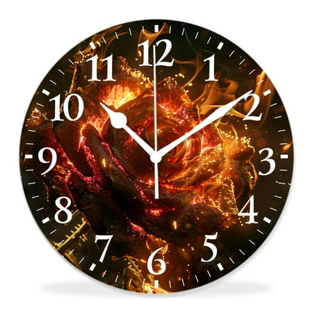 14 Inch Wall Clock Battery Operated Silent Clock Decorative for Office, Kitchen, Outdoor, Living Room，Pretty Fire Rose with Sparkle Flame Smoke Simple