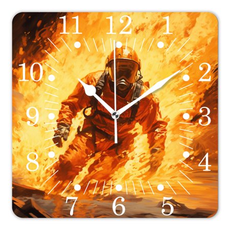 14 Inch Wall Clock Battery Operated Square Clock for Office, Kitchen, Outdoor, Living Room,Firefighter Fireman Fighting In Fire Flame Lovely