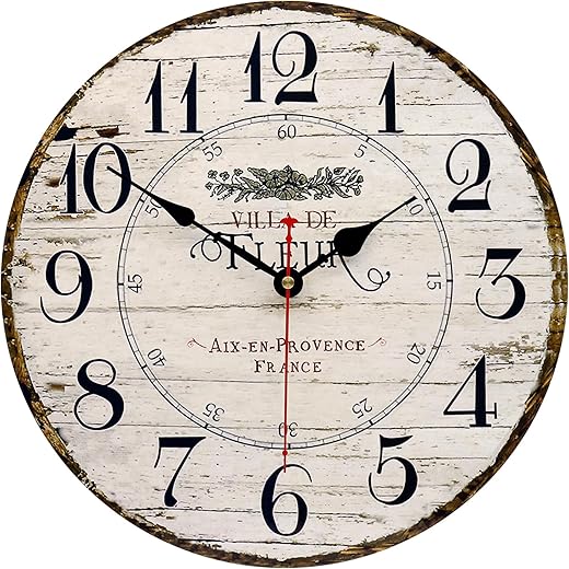 14 Inch Wall Clock Wooden French Country Style Silent Wall Clock Battery Operated Non Ticking Quality Round Quartz Wall Clocks Easy to Read Home Decorative Vintage Wall Clock