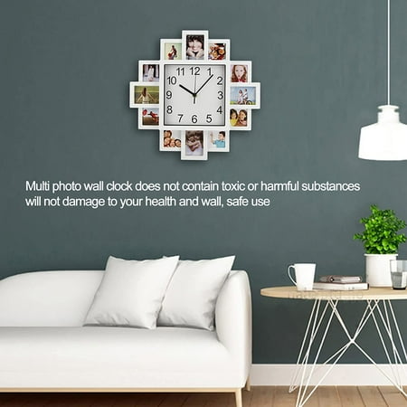 15.35In White Photo Frame Wall Clock Diy Multi Photo Personalized Clock For