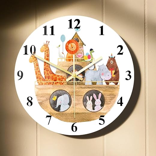 15 Inch Cute Cartoon Animal Wall Clock, Kids Wall Clock Watch Silent Non Ticking Giraffe Elephant Lion Wall Clock Battery Operated Big Numbers Easy to Read for Kids Room Nursery Baby Room Zoo