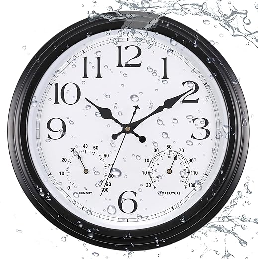 15 inch Outdoor Wall Clock, Metal Waterproof Wall Clock with Temperature & Humidity, Large Water Resistant Wall Clock, Silent Wall Clock for Patio Garden Bathroom