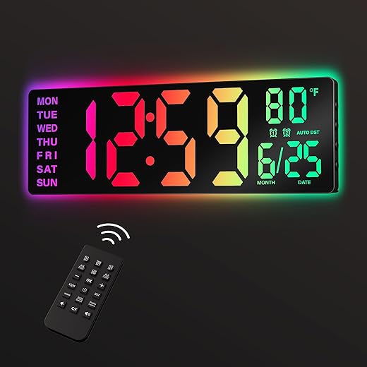 16.5" Large Digital Wall Clock with Remote Control, RGB Atmosphere Lights with 11 Scenes Mode, Dual Alarms with Big LED Display, Auto DST, Temperature for Living Room Gaming