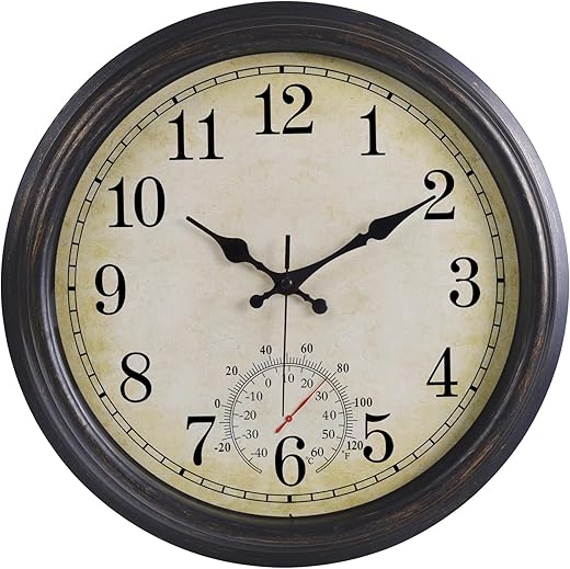 16 Inch Large Outdoor Clock, Waterproof Wall Clock with Thermometer, Battery Operated Silent Non-Ticking Vintage Wall Clock Quartz Round Clock Home Decor,Black Bronze