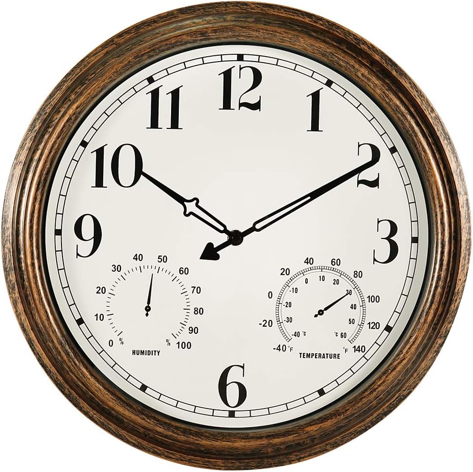 16 Inch Large Outdoor Wall Clock,Waterproof Vintage Non-Ticking Clock with Thermometer and Hygrometer Combo,Battery Operated Clock Wall Decorative- Bronze