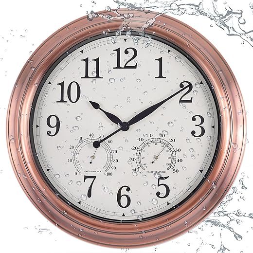 16 inch Outdoor Wall Clock, Metal Waterproof Wall Clock with Temperature & Humidity, Large Non-Ticking Wall Clocks, Silent Wall Clock for Patio Garden Bathroom