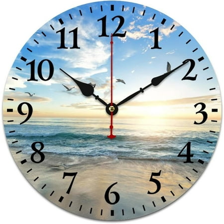 16 Inch Wood Clock Sunny Beach Coastal Nature Theme Home Decor Clock Battery-Powered With Quartz Movement Arabic Numbers Tropical Hawaii Ocean Wall Clock Home Office School