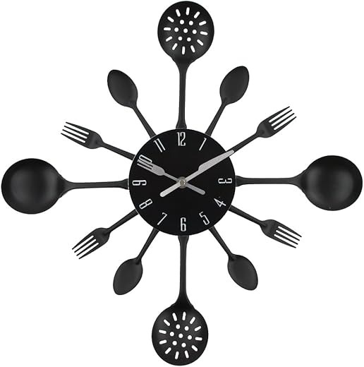 16 Kitchen Cutlery Wall Clock with Forks and Spoons for Home Decor,Sliver (Black)