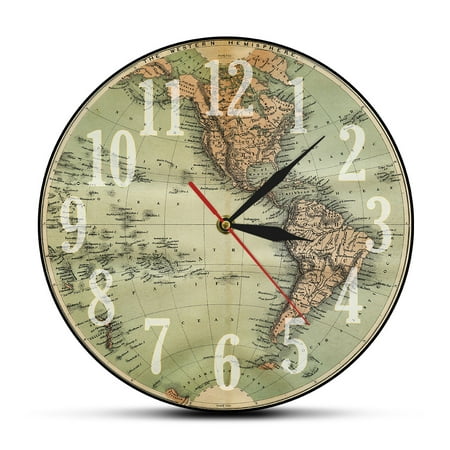 1860 Antique Western Hemisphere Green World Map Printed Wall Clock Old World Look The Americas Earth Globe Map Retro Wall Watch