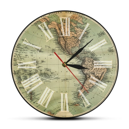 1860 Antique Western Hemisphere Green World Map Printed Wall Clock Old World Look The Americas Earth Globe Map Retro Wall Watch