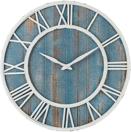 18 Coastal Wall Clock - Metal & Solid Wood Noiseless Weathered Beach Blue Wall Clock