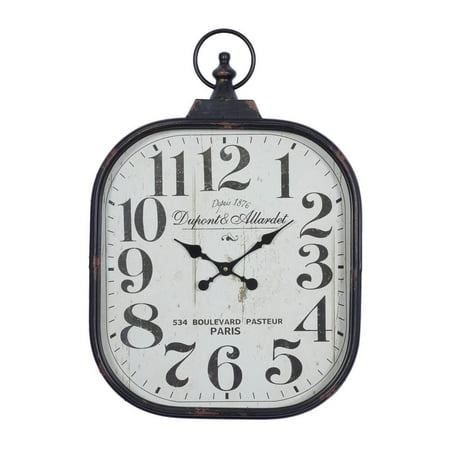 18 in. x 26 in. Black Metal Distressed Pocket Watch Style Wall Clock with Ring Finial