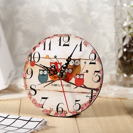 1Pc Antique Creative Vintage Owl Pattern Round Wooden Wall Clock Home Office Decoration #4