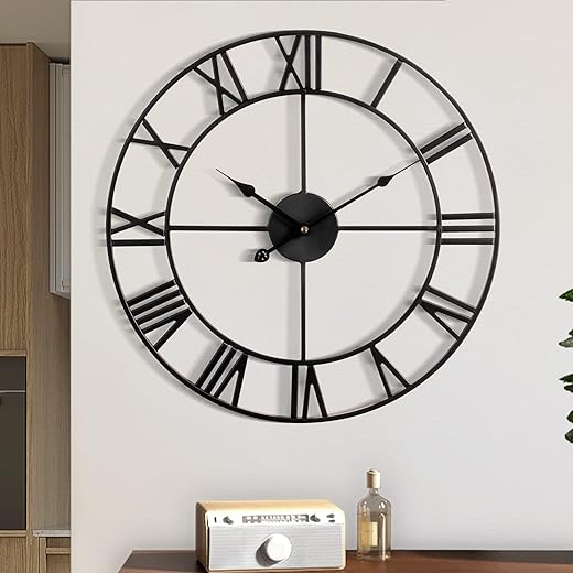 1st owned Large Wall Clock Metal Retro Roman Numeral Clock, Modern Round Wall Clocks Almost Silent, Easy to Read for Living Room/Home/Kitchen/Bedroom/Office/School Decor (Black, 24 Inch)