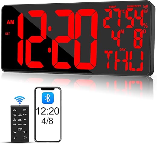 [2024 New] 18" Digital Wall Clock Large Display/Bluetooth Sync Time, Large Digital Wall Clock with Remote Control, Auto DST, Alarm, Temperature and Date - Easy to Read and Set Large Display Timer