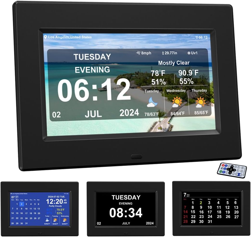 2024 New Digital Weather Clock with Temperature Humdity Alarm Clock for Elderly (7inch / Black), TMN-CL-07