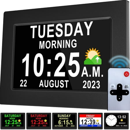 [2024 Newest] 19 Alarms Dementia Clock 8 Inch Large with Remote Control, 5 Levels Auto Dimmable, Non-Abbreviated Date and Day Clock with Calendar for Alzheimers Seniors with Digital Frame Feature