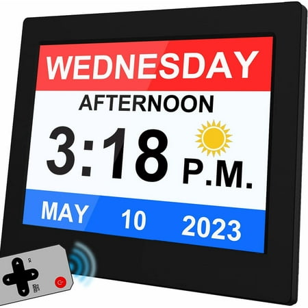 [2024 Newest] 19 Alarms Dementia Clock 8 Inch Large with Remote Control, 5 Levels Auto Dimmable, Non-Abbreviated Date and Day Clock with Calendar for Alzheimers Seniors with Digital Frame Feature