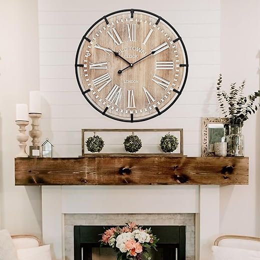 20 Inch Large Farmhouse Wall Clock, Rustic Antique Wood with Metal Circle and Large Engraved Numerals, Silent Battery Operated Wall Clock for Office Kitchen Bedroom Living Room