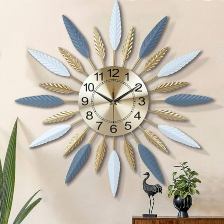 23 Inch Silent Metal Mid Century Wall Clocks for Living Room Decor, Colorful Leaf Sunburst Starburst Large Wall Clock Battery Operated Mordern Art Deco Kitchen Office