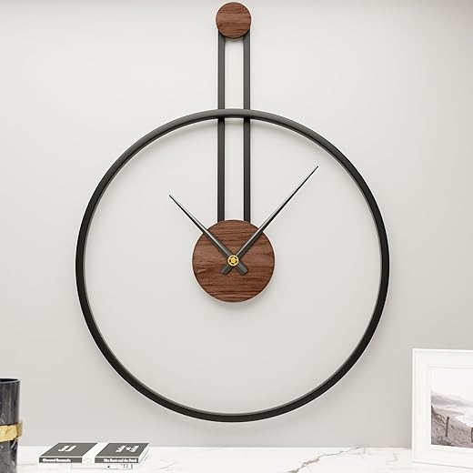 24.4×18 Inch Large Modern Metal Farmhouse Oversized Decorative Wall Clocks for Living Room,Big Minimalist Black Wall Clock with Elegant Natural Walnut Dial for Office,Dining Room