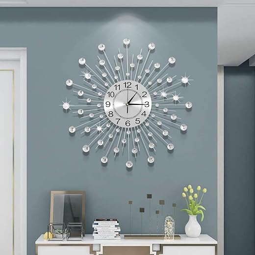 24 Inch Crystal Large Modern Metal Starburst Decor, Bling Crystal Wall Clock for Kitchen Office Bedroom Living Room Decorative