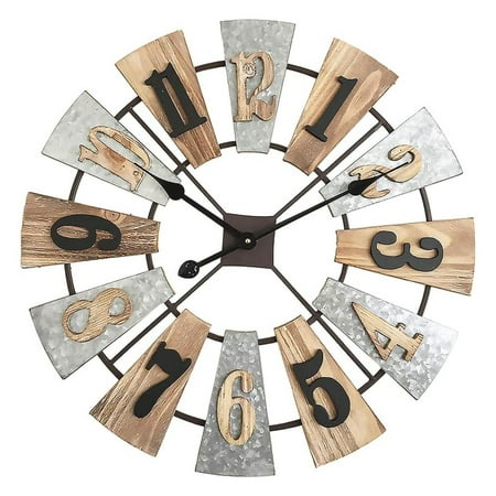 24 Inch Large Farmhouse Windmill Wall Clock, Decorative Vintage Wood Wall Clock, Rustic Country Clock Wall Decor, Non Ticking Battery Operated